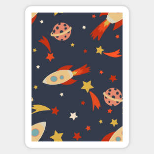 Retro Rocketship Racers repeat pattern on dark blue background Sticker